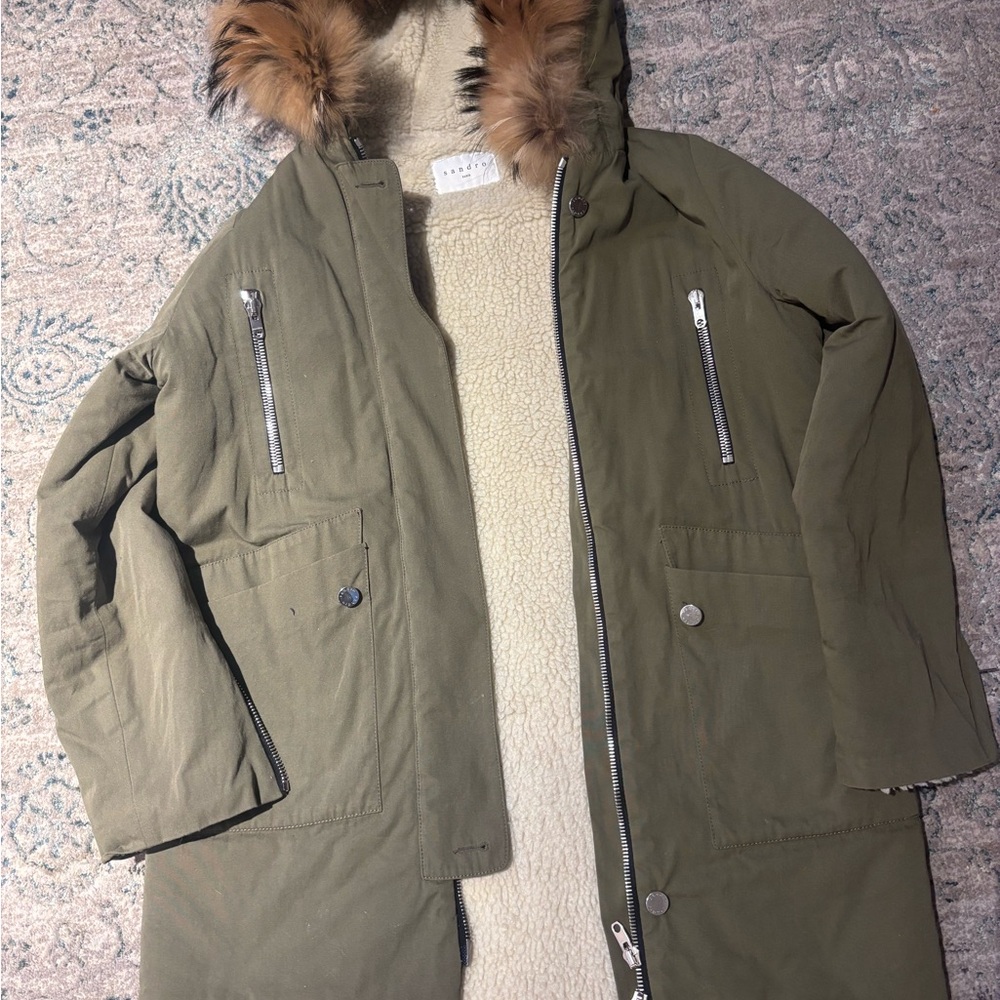 Sandro Khaki Coat with Faux Fur Trim